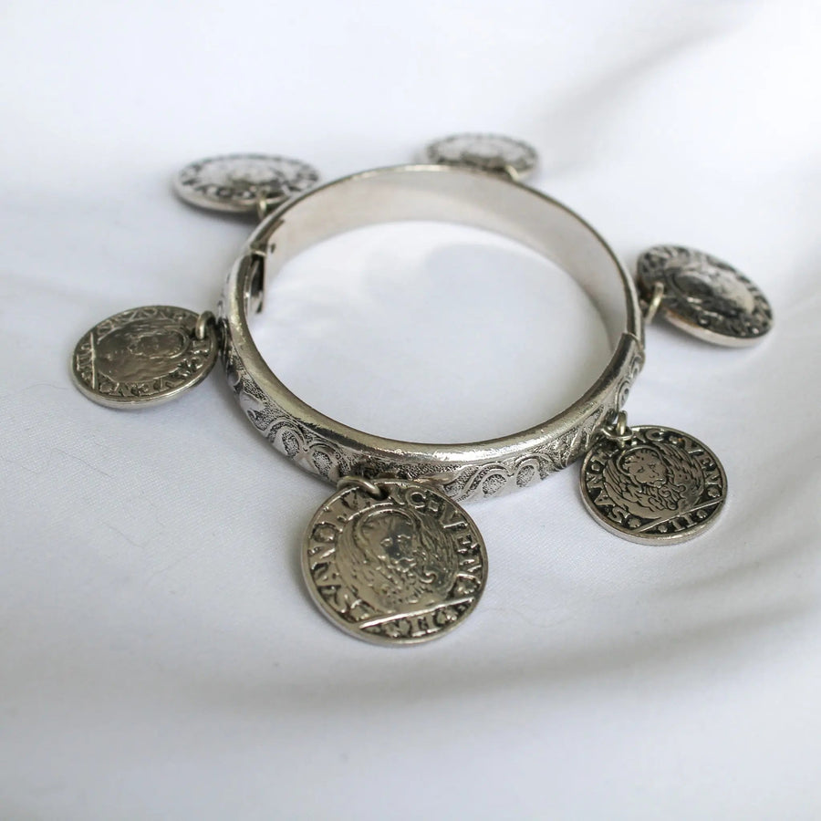 1970s Vintage Whiting & Davis Coin Charm Bracelet Bracelets Jagged Metal 