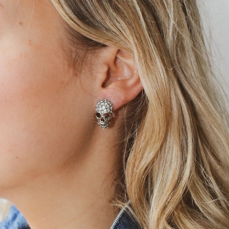 Butler & Wilson Skull Stud Earrings - Silver Plated Crystal Earrings Jagged Metal 