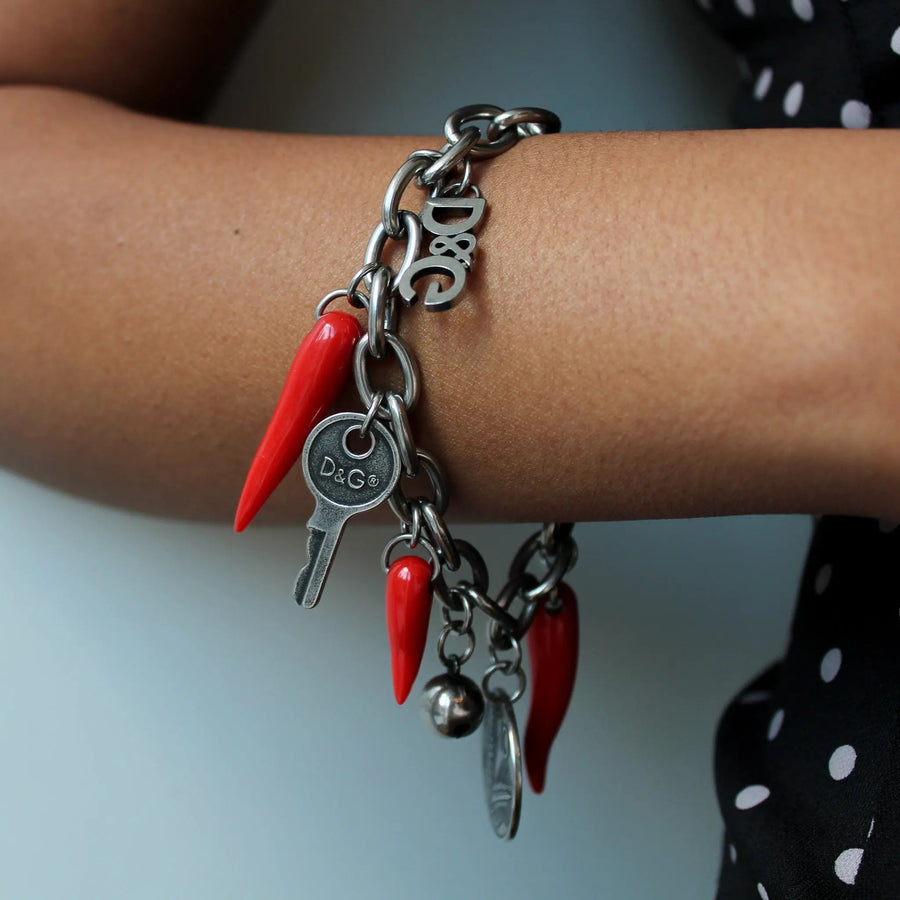 Dolce & Gabbana Vintage Charm Bracelet 2000s Silver Plated Bracelet Jagged Metal 