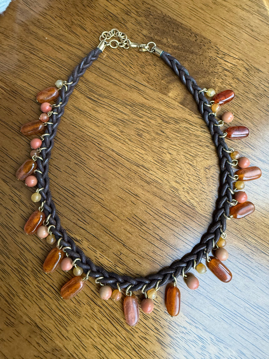 1990s Monet Vintage Leather Beaded Necklace Jagged Metal 