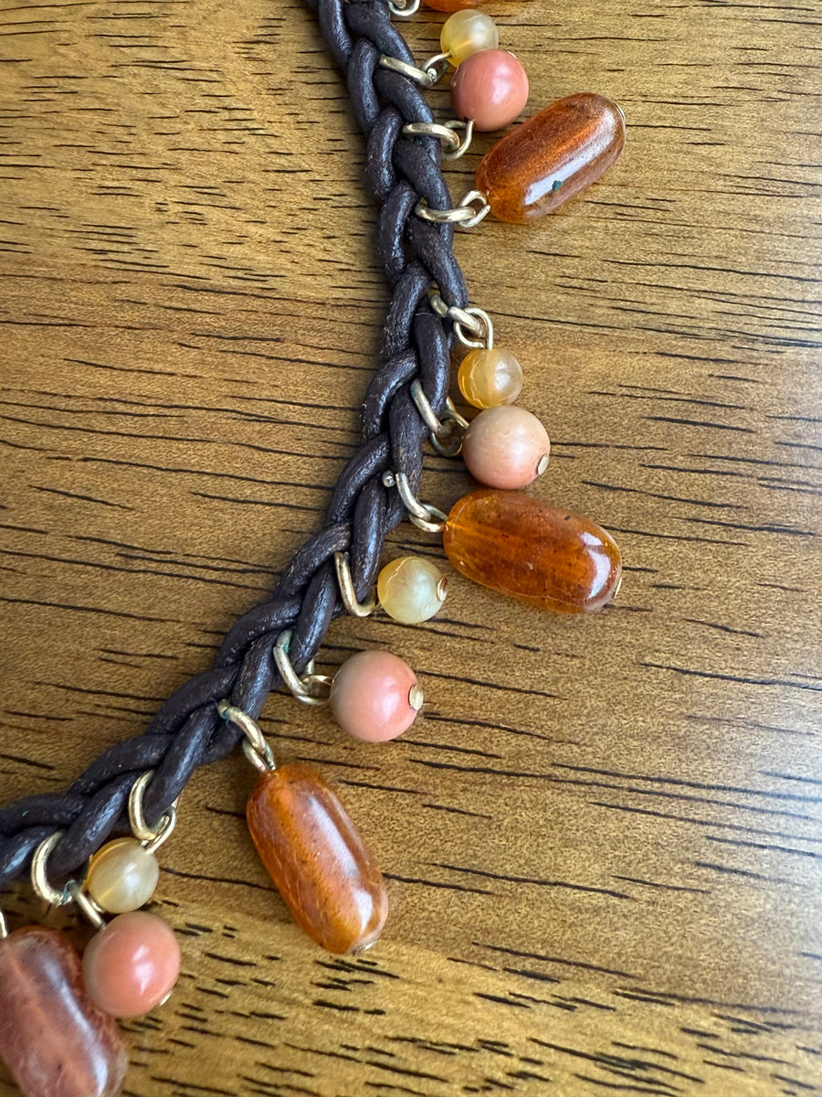 1990s Monet Vintage Leather Beaded Necklace Jagged Metal 