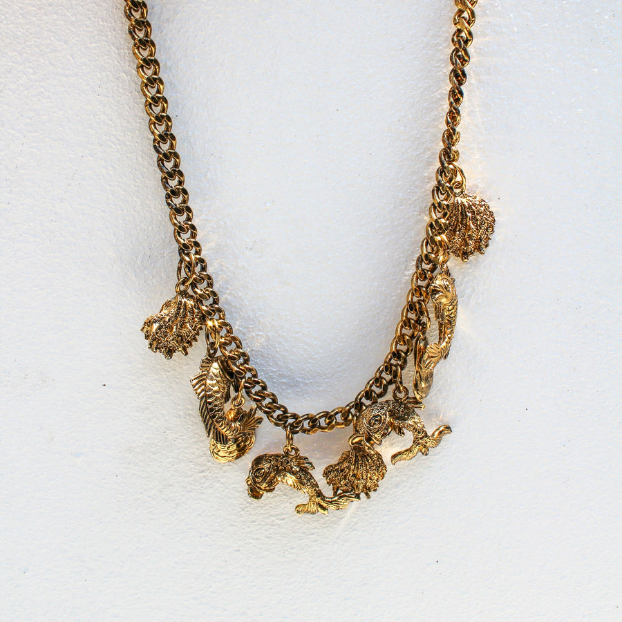 Vintage 1980s Mermaid Inspired Charm Necklace - 18 Carat Gold Plated Deadstock Necklaces Jagged Metal 
