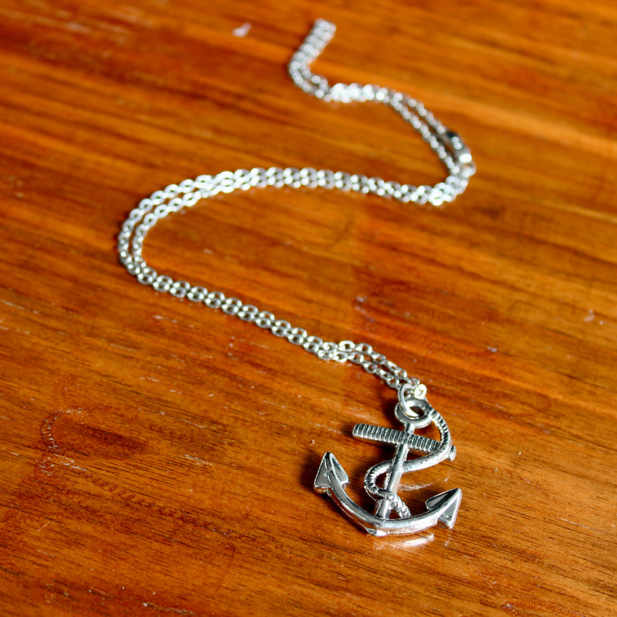 1980s Vintage Anchor & Serpent Necklace - Silver Plated Deadstock Necklace Jagged Metal 