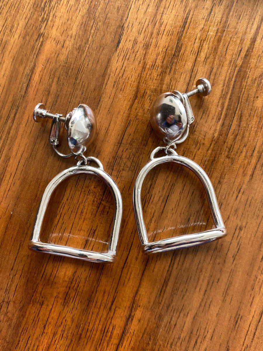 Les Bernard Vintage Earrings 1970s, Equestrian, silver plated - Jagged Metal