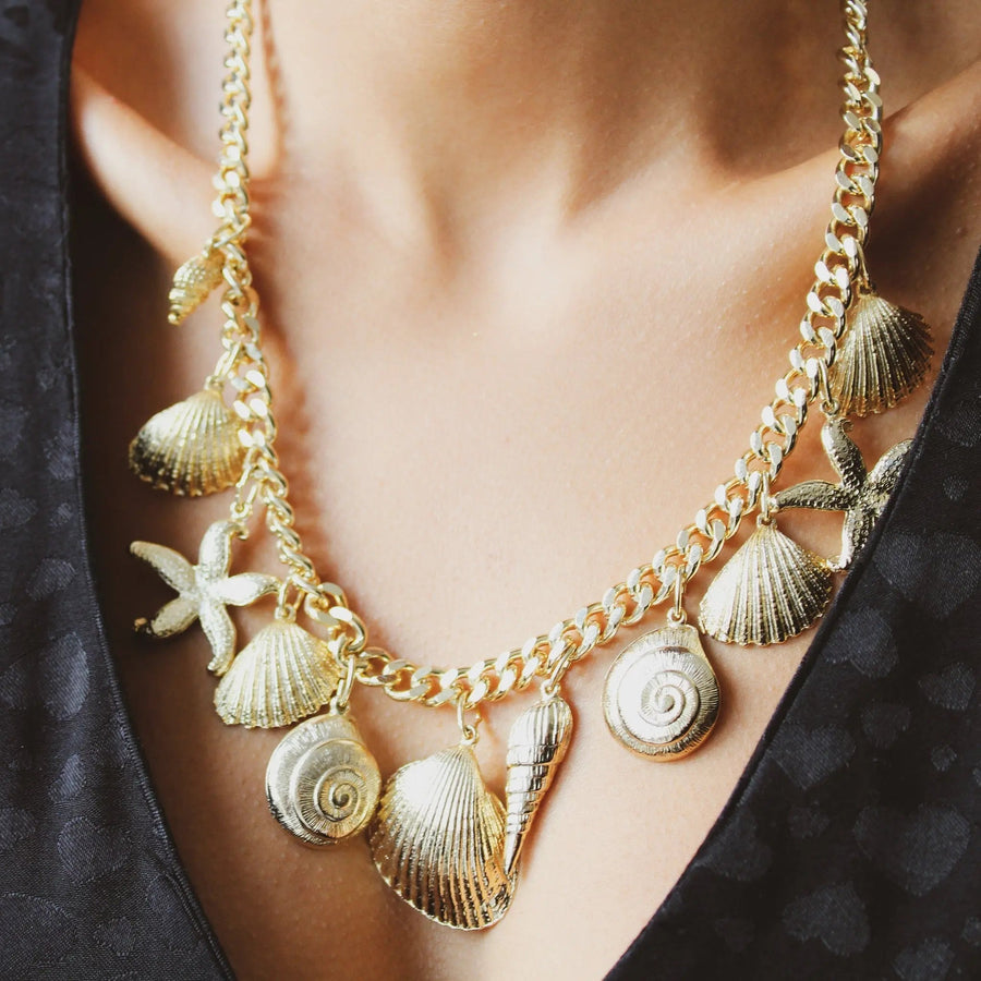 Vintage 1980s Charm Necklace - 18 Carat Gold Plated Vintage Deadstock Necklace Jagged Metal 