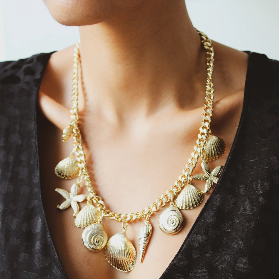 Vintage 1980s Charm Necklace - 18 Carat Gold Plated Vintage Deadstock Necklace Jagged Metal 