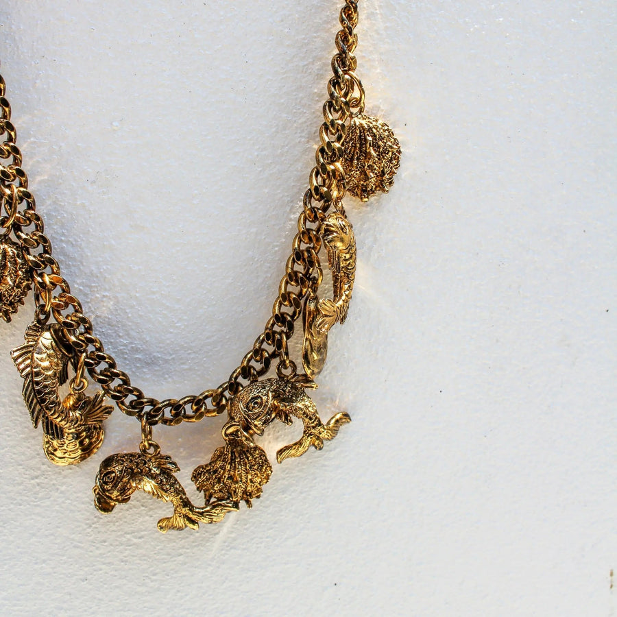 Vintage 1980s Mermaid Inspired Charm Necklace - 18 Carat Gold Plated Deadstock Necklaces Jagged Metal 