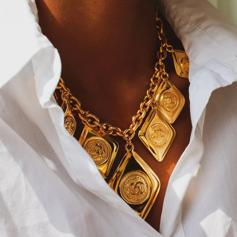 Vintage Chanel 1980s Charm Necklace - 24 Carat Gold Plated Necklace Jagged Metal 