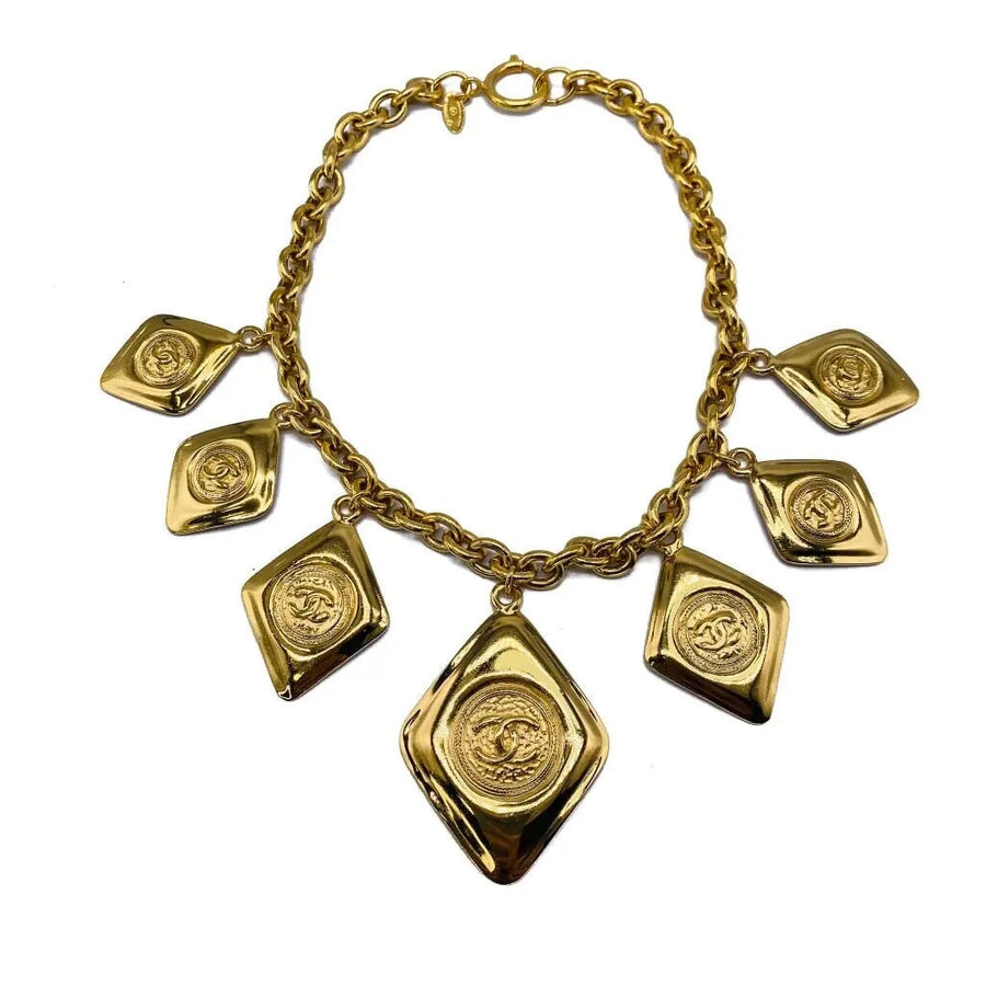 Vintage Chanel 1980s Charm Necklace - 24 Carat Gold Plated Necklace Jagged Metal 