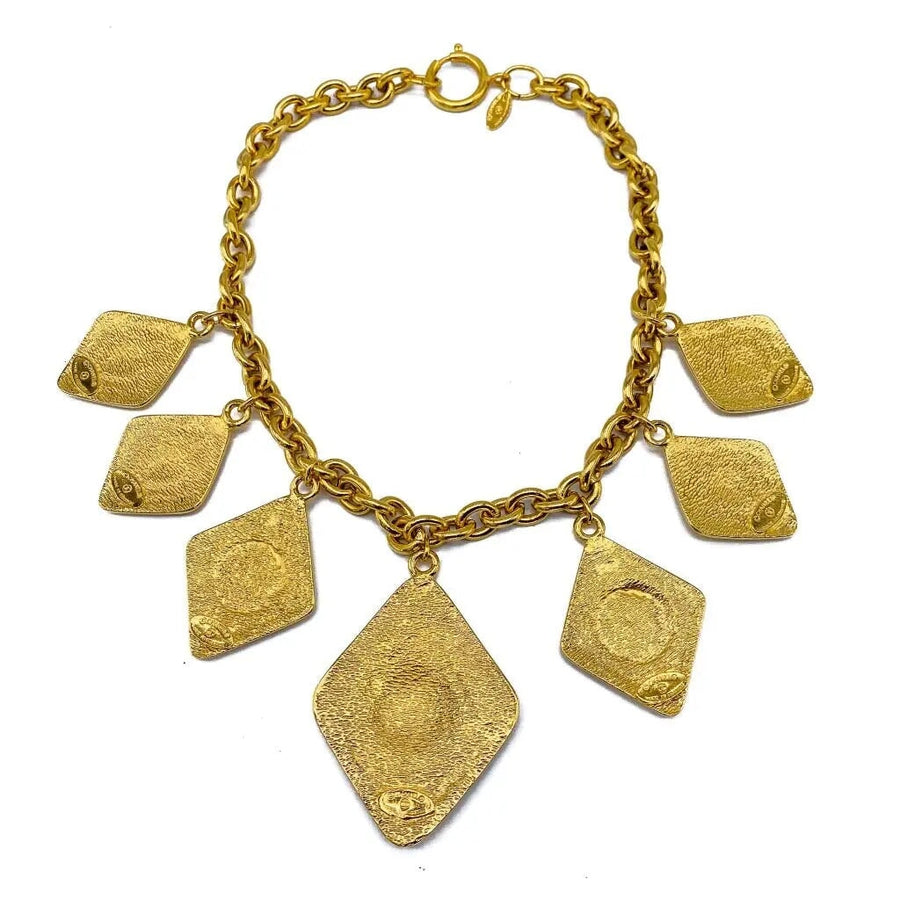 Vintage Chanel 1980s Charm Necklace - 24 Carat Gold Plated Necklace Jagged Metal 
