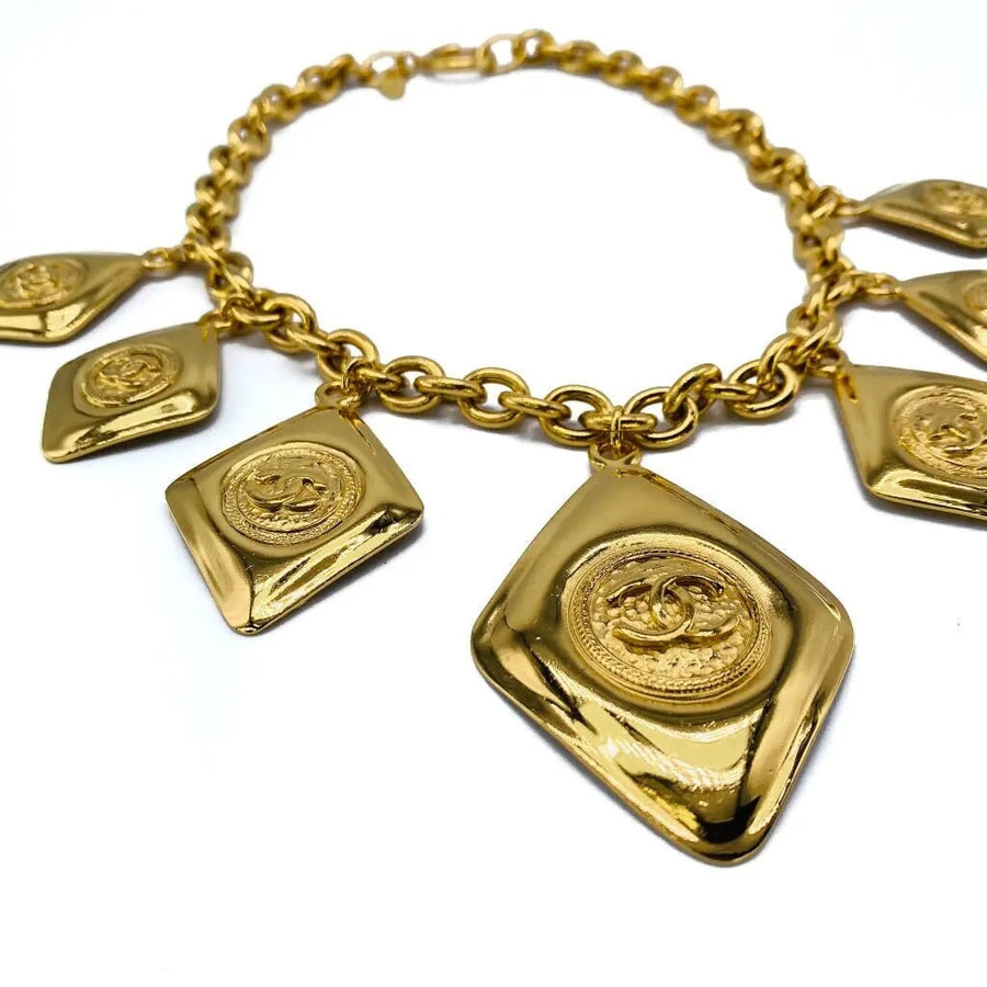Vintage Chanel 1980s Charm Necklace - 24 Carat Gold Plated Necklace Jagged Metal 