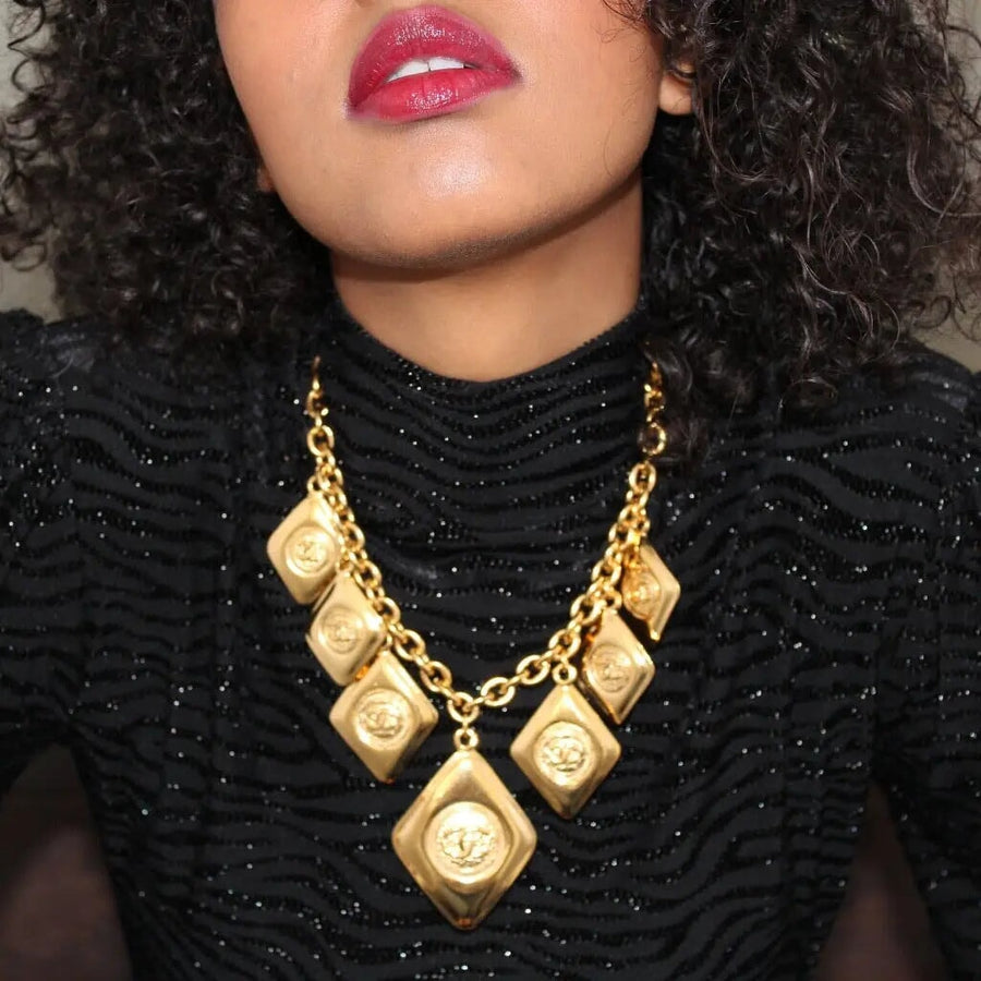 Vintage Chanel 1980s Charm Necklace - 24 Carat Gold Plated Necklace Jagged Metal 