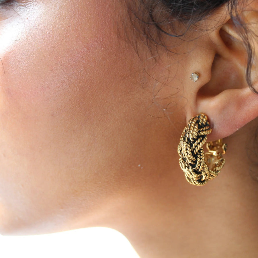 Vintage Chanel Earrings 1970s - Gold Plated Huggies Earrings Jagged Metal 
