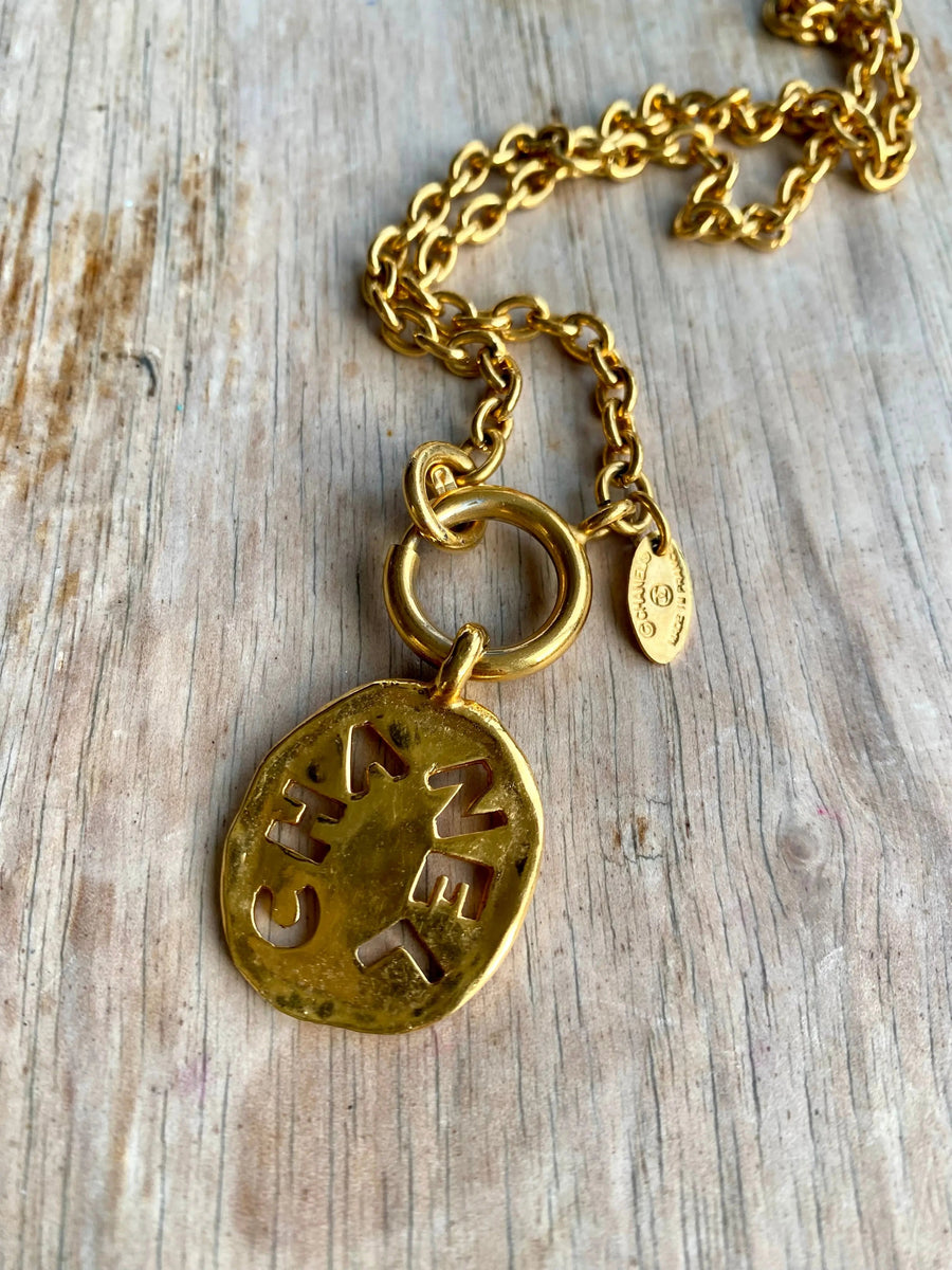 Vintage Chanel Necklace 1980s Gold Plated Pendant Necklaces Jagged Metal 