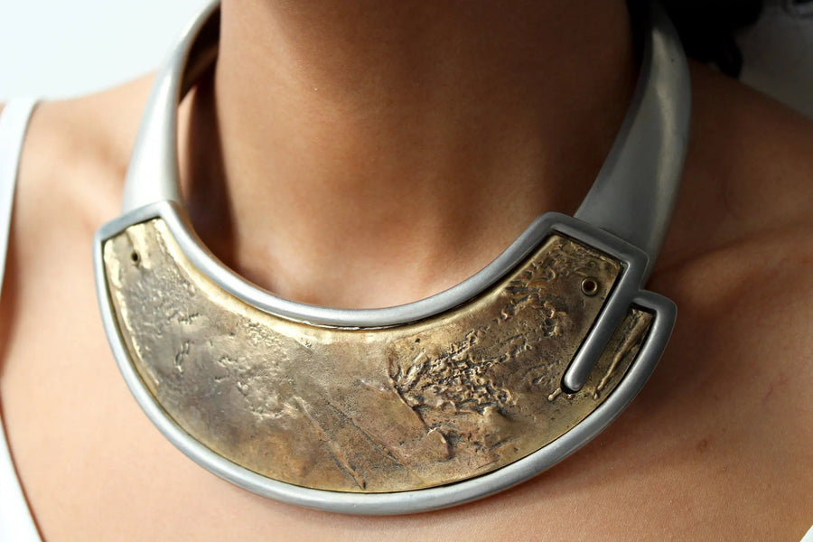 Vintage Les Bernard 1980s Necklace, Dynasty Era Necklaces Jagged Metal 