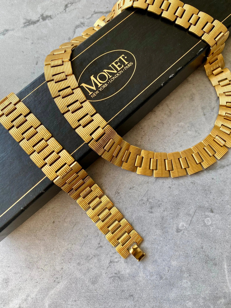 Vintage Monet 1980s Necklace and Bracelet set Jewelry Sets Jagged Metal 