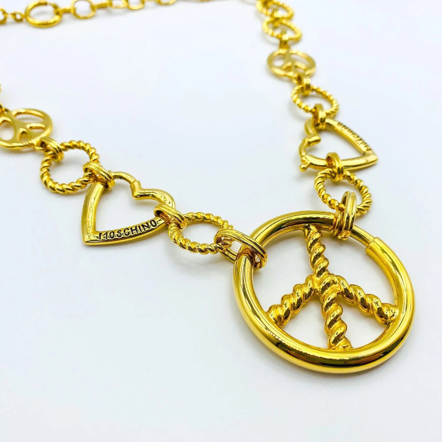 Vintage Moschino Necklace 1990s Love & Peace Necklace Jagged Metal 