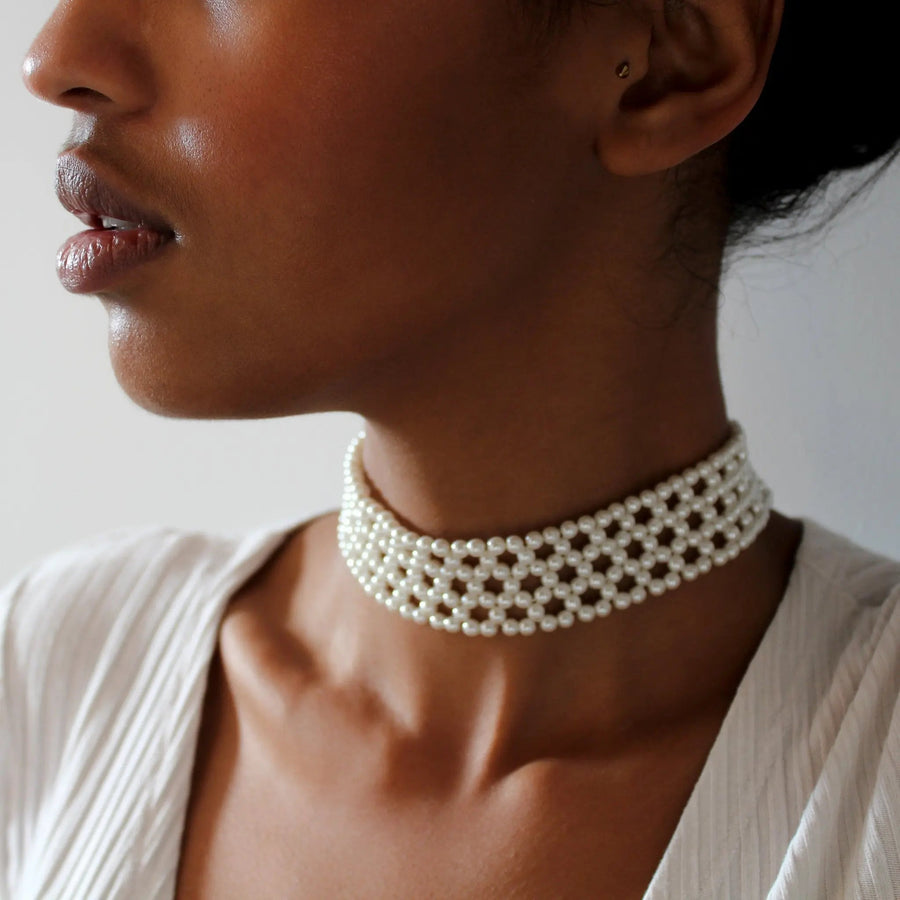 Vintage Napier Faux Pearl Choker Necklace 1980s Necklace Jagged Metal 