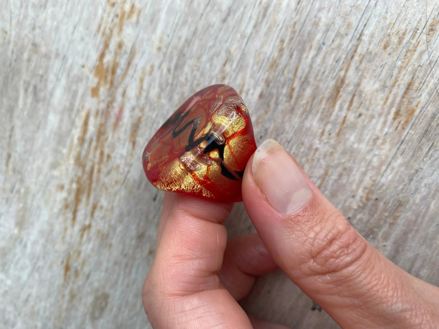 1960s Vintage Cocktail Ring, Murano Glass Rings Jagged Metal 
