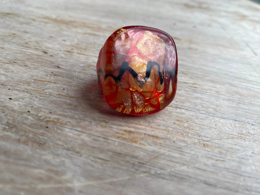 1960s Vintage Cocktail Ring, Murano Glass Rings Jagged Metal 
