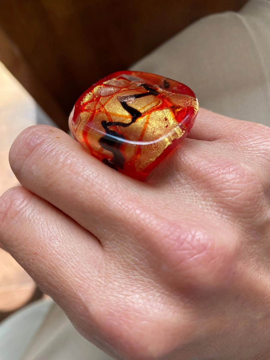 1960s Vintage Cocktail Ring, Murano Glass Rings Jagged Metal 