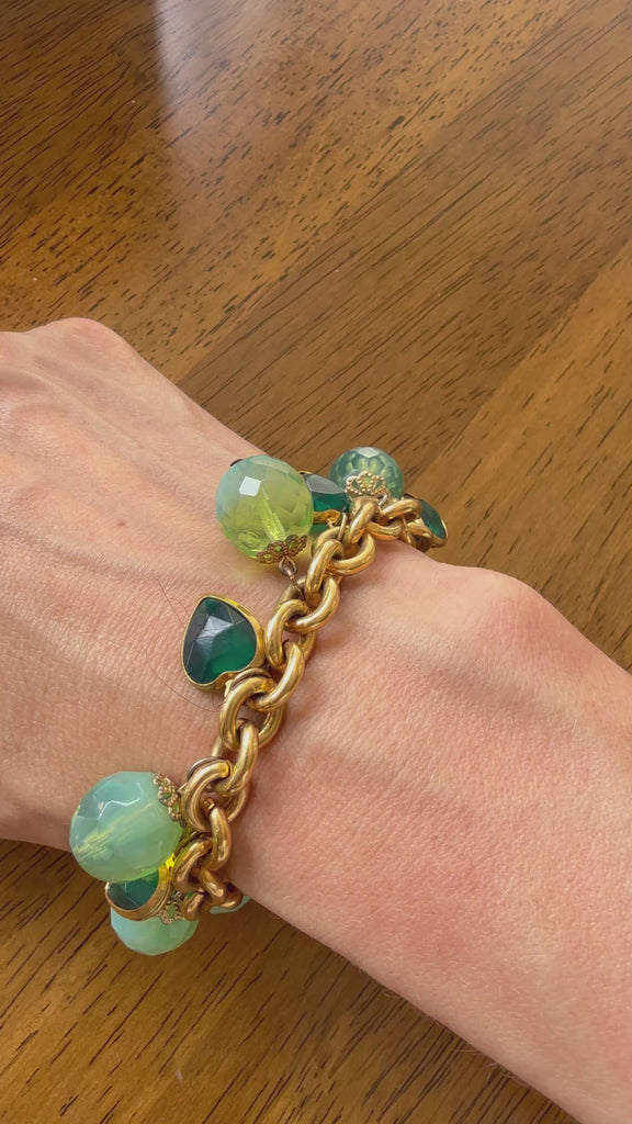 Vintage 1980s Green Crystal Heart Charm Bracelet, Chunky Gold-Plated Chain
