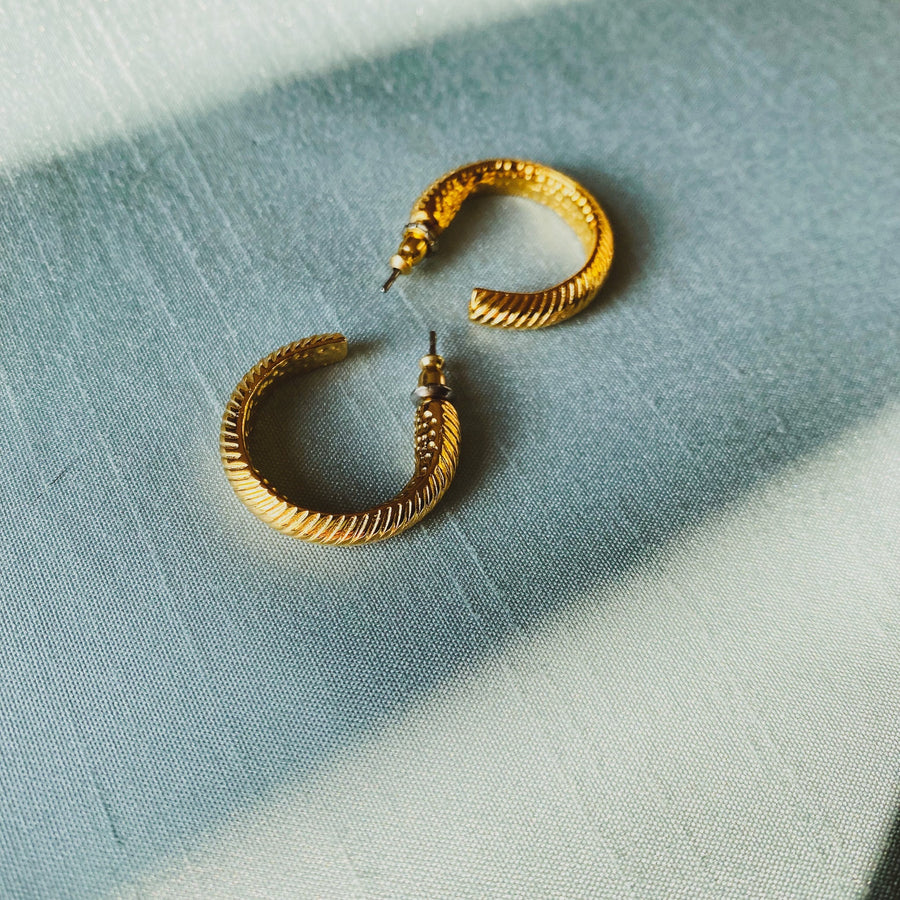 1980s Gold Plated Pierced Hoop Earrings - 18 Carat Gold Plated Vintage Deadstock Earrings Jagged Metal 
