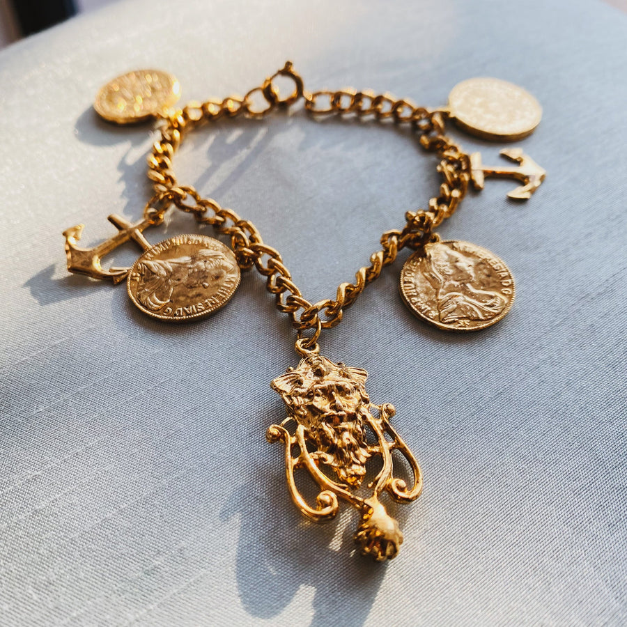 Vintage 1980s Nautical Charm Bracelet - 18 Carat Gold Plated Vintage Deadstock Bracelet Jagged Metal 