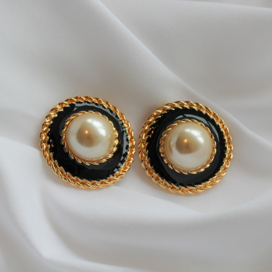 Black Faux Pearl Earrings - (Dead-stock Collection) - JAGGED METAL - VINTAGE DESIGNER JEWELLER