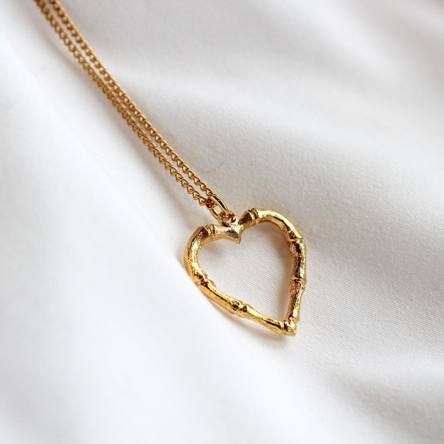Vintage 1980s Bamboo Heart Pendant Necklace - 18 Carat Gold Plated Vintage Deadstock Necklace Jagged Metal 